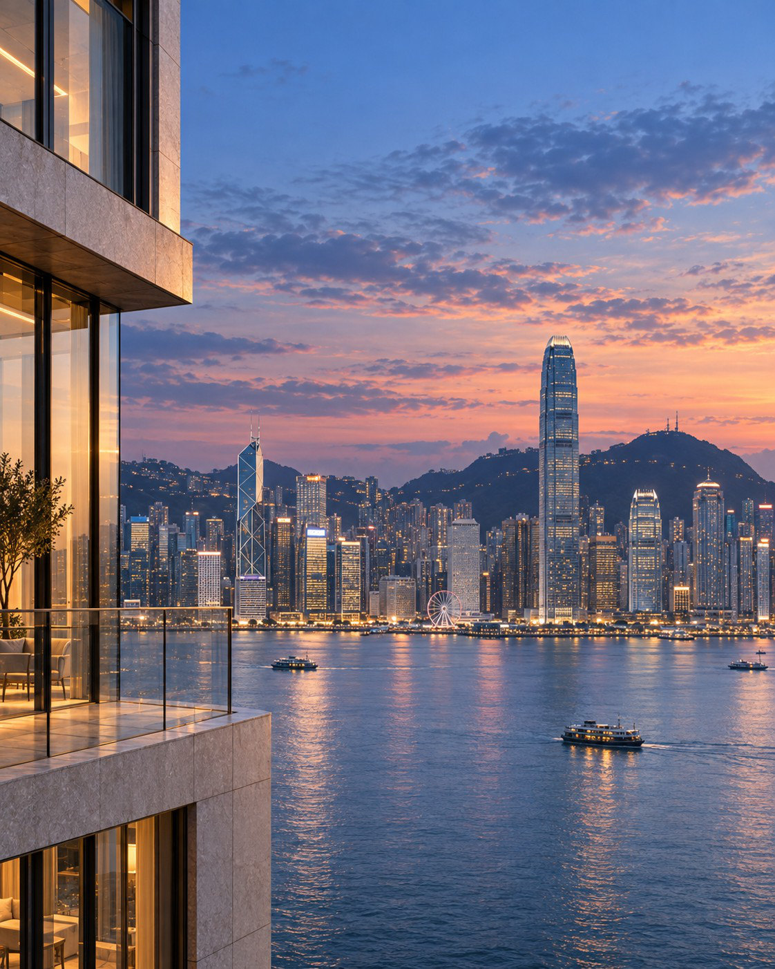 Hong Kong harbour skyline at dusk seen from a residential terrace