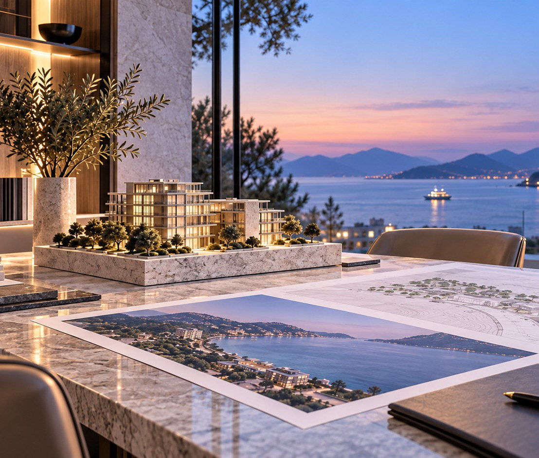 Architectural model and masterplan prints on a marble table