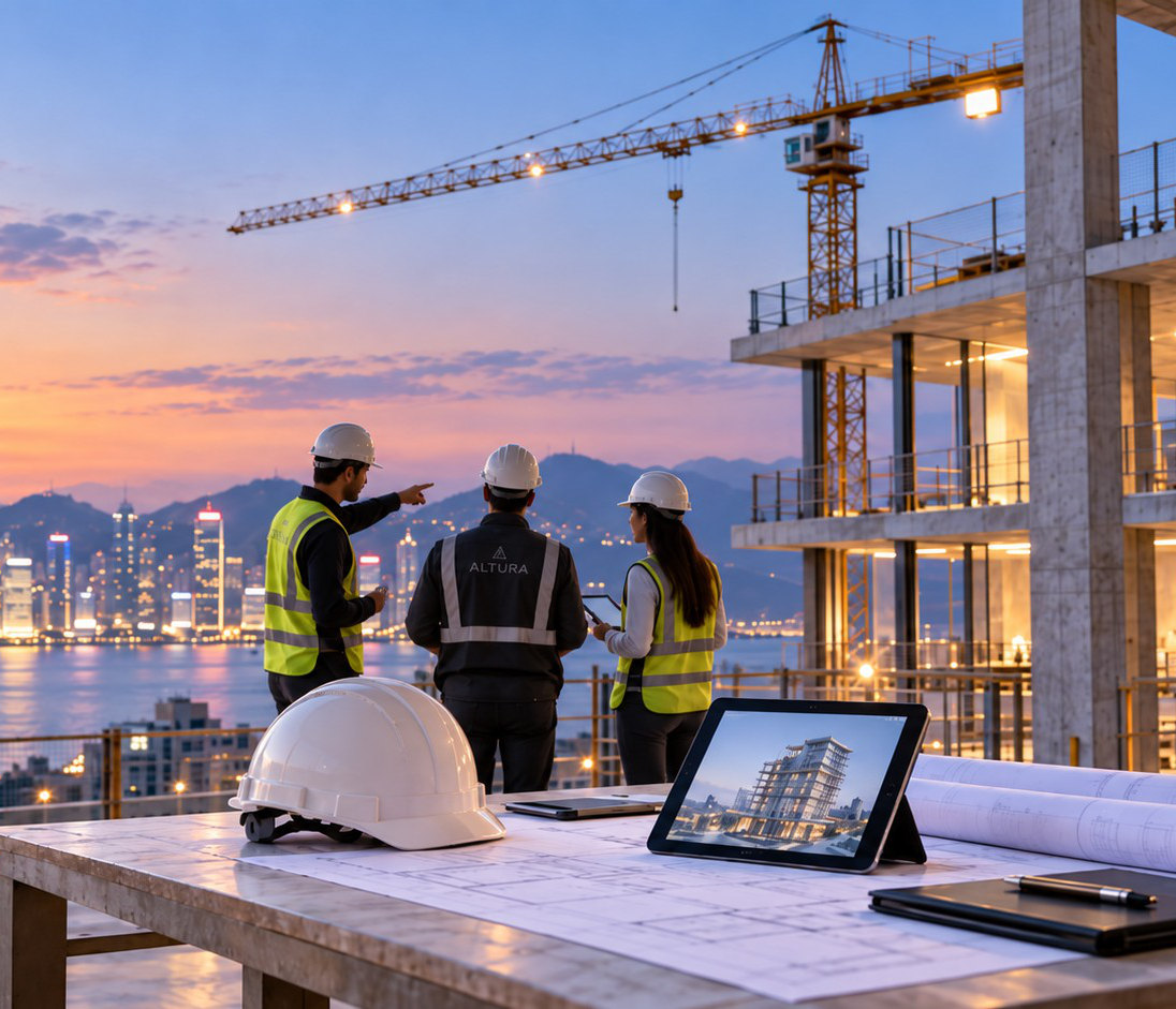 Engineers reviewing drawings on a construction site at dusk