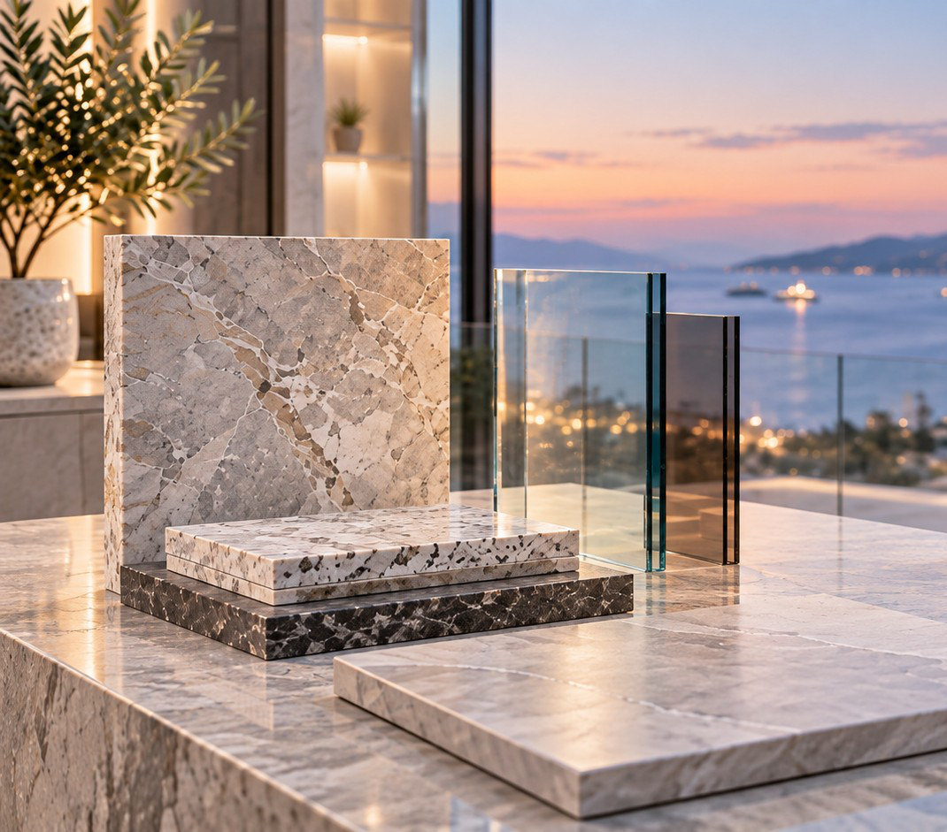 Stone and glass material samples on a terrace