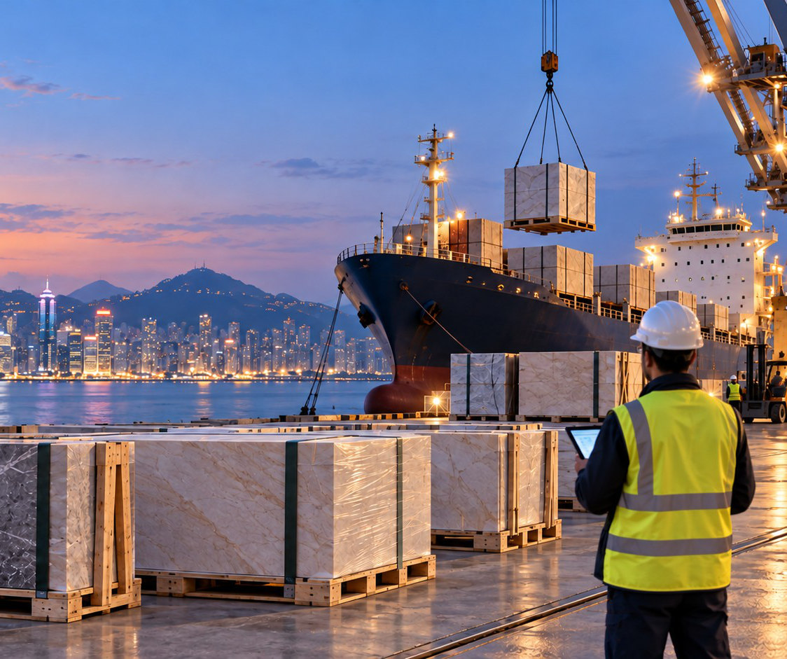 Cargo ship unloading stone pallets at a harbour terminal