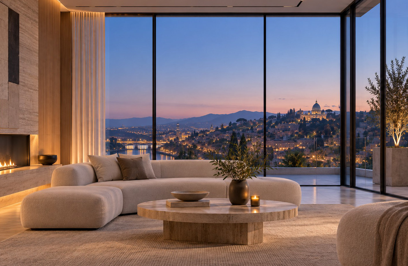 Bright living room with floor-to-ceiling windows overlooking a city