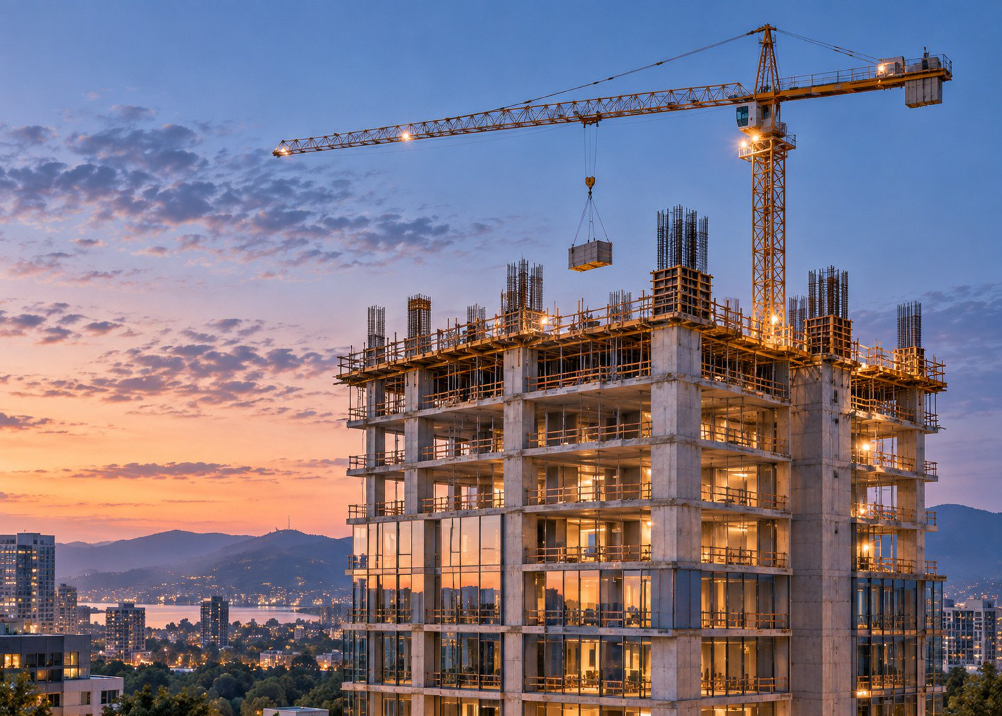 Tower crane above a concrete frame under construction